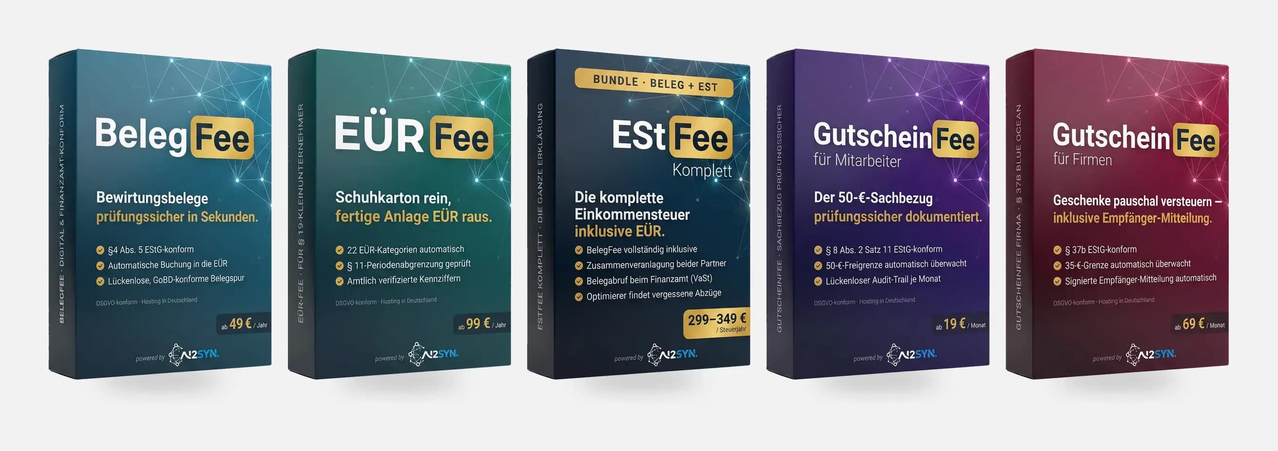 Alle fünf Produkte der Fee-Familie nebeneinander